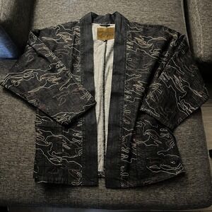 Prps Jacket Mens Large Blue Camo Denim Kimono Open Front Quilted Indigo E109J150